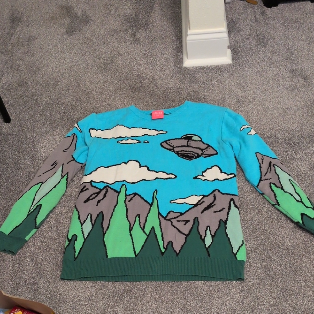 Graphic UFO Crewneck Sweater - Blue and Green